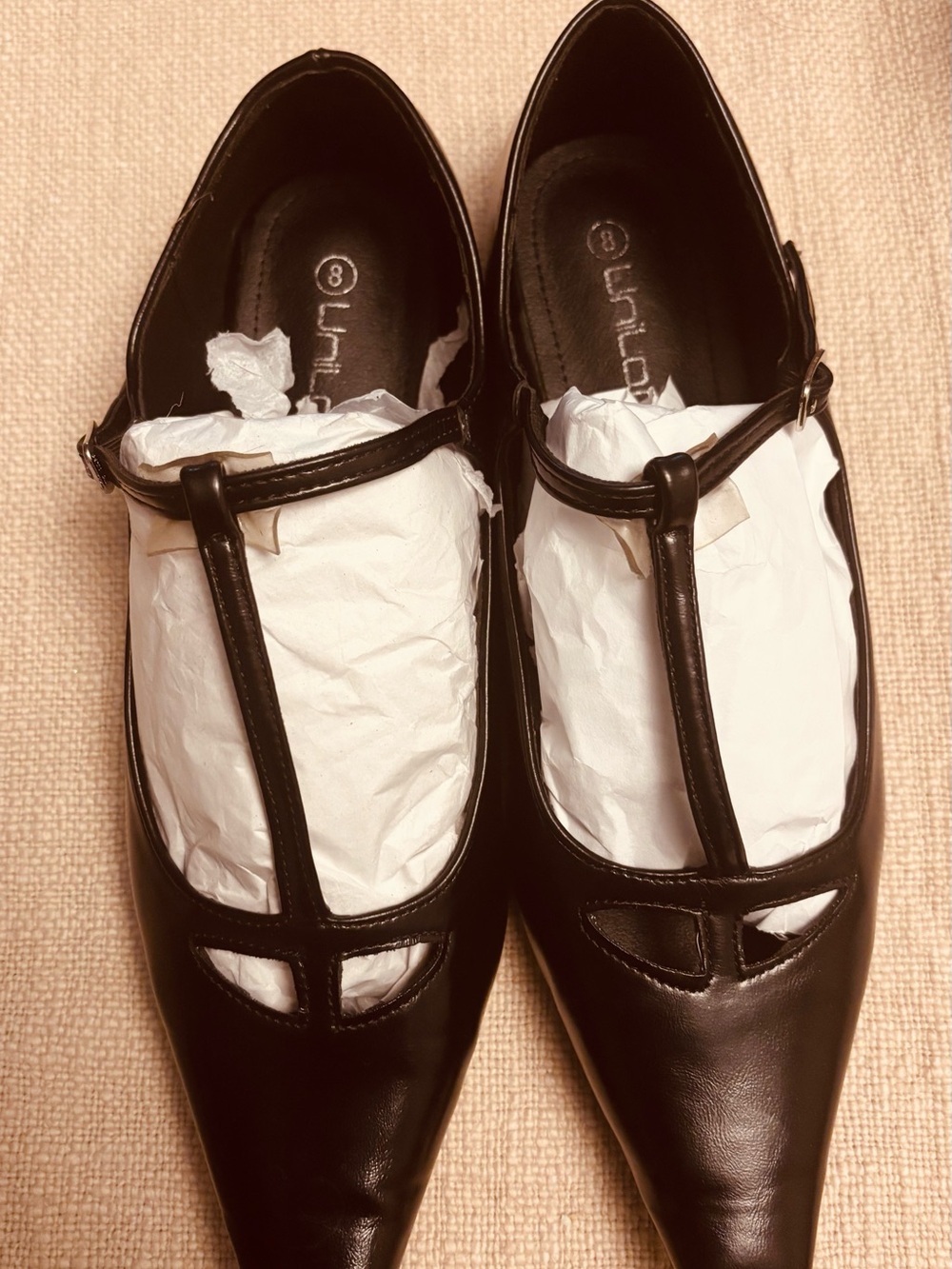 Black Women's T-Strap Pointed Toe Flats